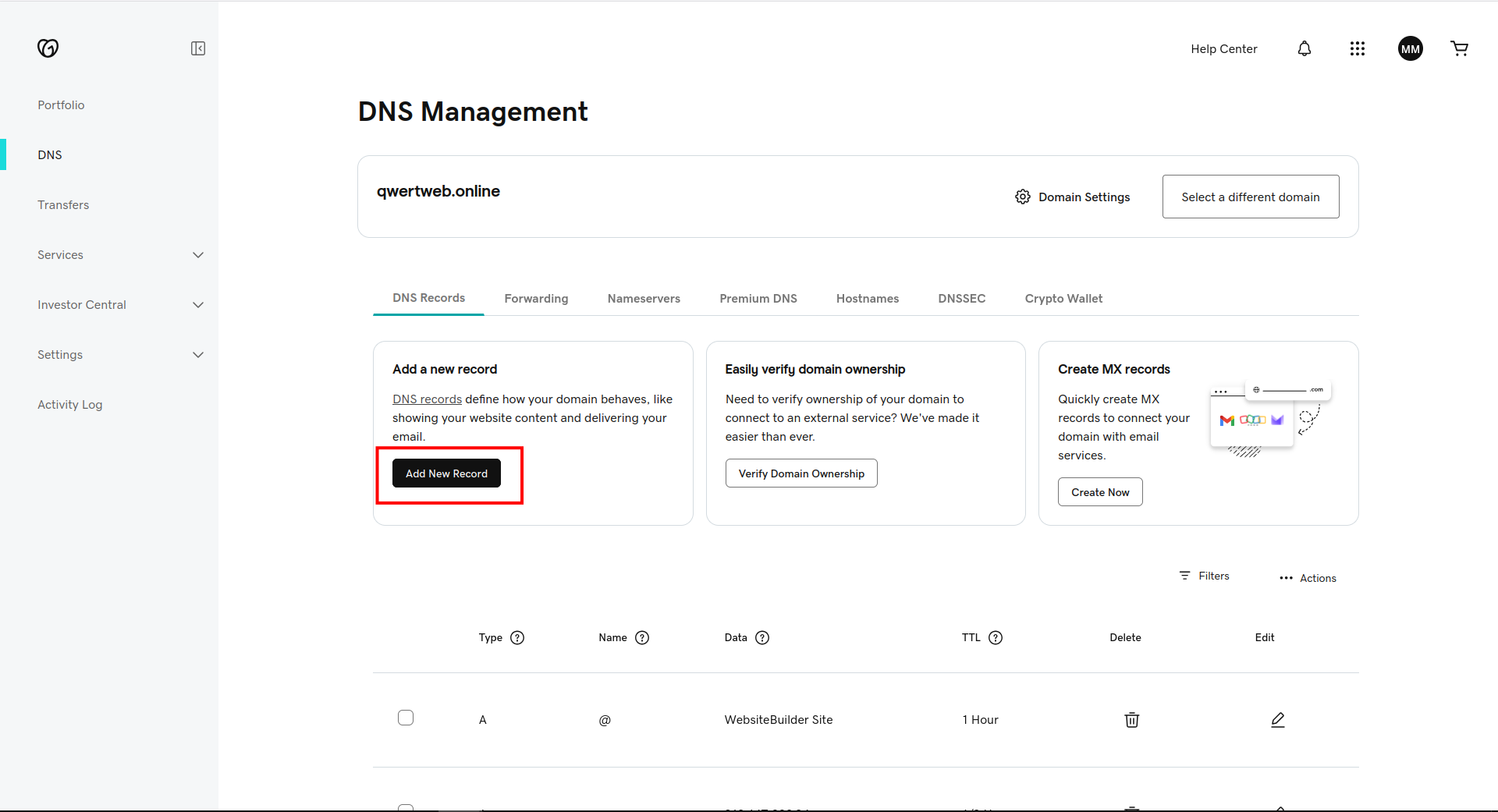 DNS Management page