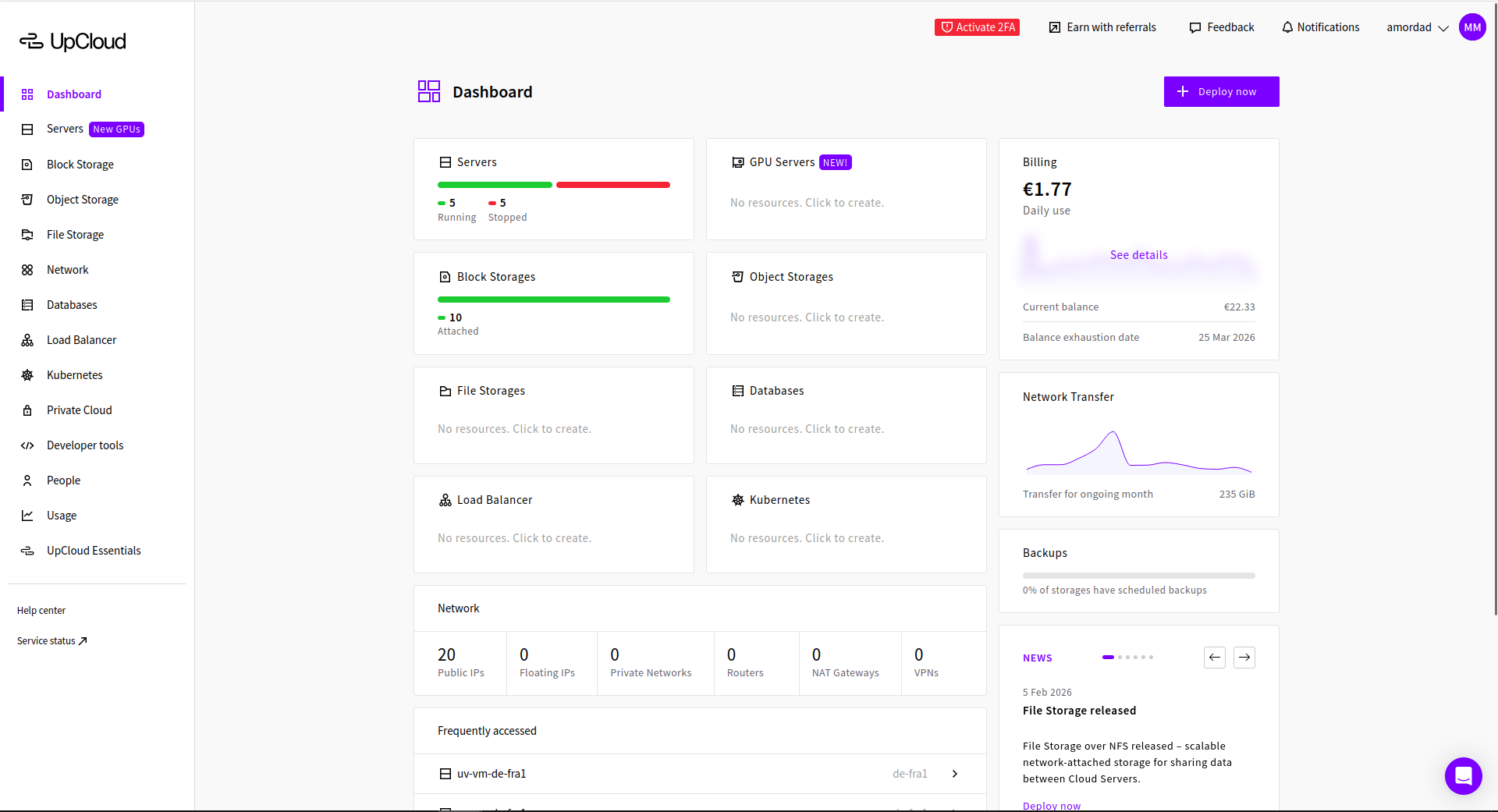 UpCloud dashboard